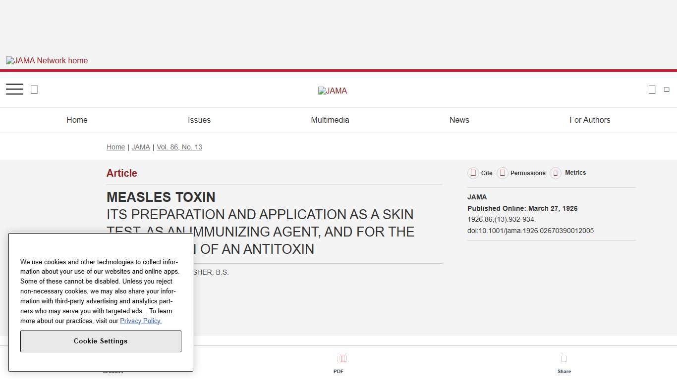 MEASLES TOXIN: ITS PREPARATION AND APPLICATION AS A SKIN TEST, AS AN IMMUNIZING AGENT, AND FOR THE PRODUCTION OF AN ANTITOXIN JAMA JAMA Network